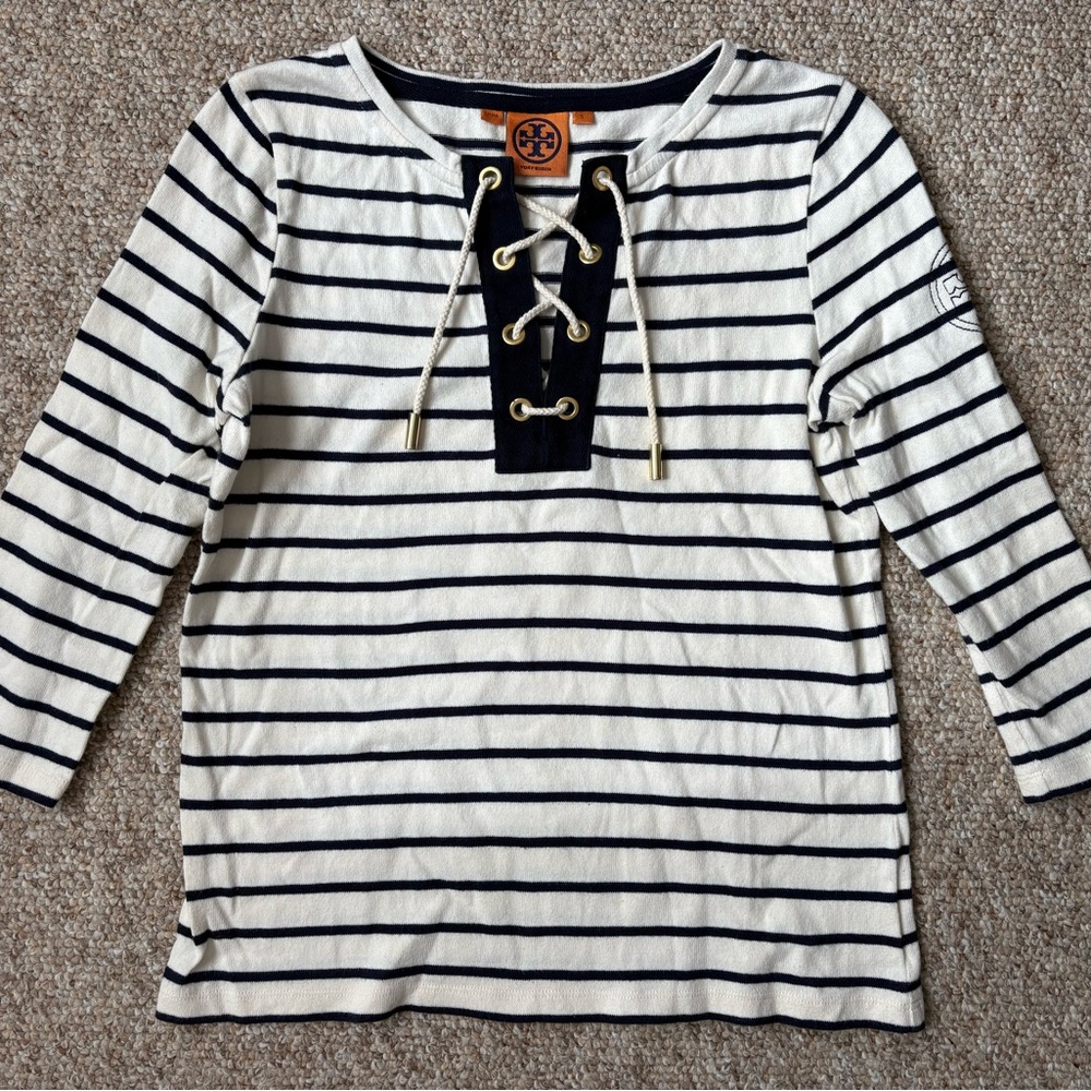 Tory Burch Navy & White Striped Lace-Up Top 3/4 sleeves, nautical sailor, Size S